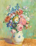 Mixed Flowers In A Jug (Verso: Still Life With Pineapple) by Nora Heysen, 1973, oil on canvas, sold Sep 2021