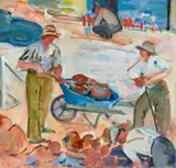 The Road Menders by Ada May Plante, 1934, oil on canvas on board, sold Sep 2021