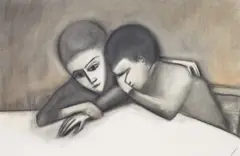 Consoling by Robert Dickerson, charcoal on paper, sold Sep 2021