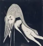 Girl And Goose by Mirka Mora, 1967, charcoal and pen on paper, sold Sep 2021