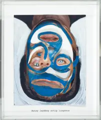 Blue Man #2 by Jon Kessler, 2007, magazine collage and synthetic polymer paint on aluminium laid on printed card (housed in Perspex), sold Mar 2022