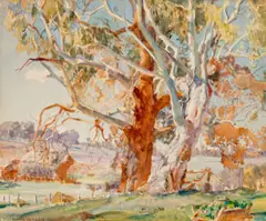 Two Gums by Hans Heysen, 1930, watercolour on paper on compressed card, sold Apr 2022