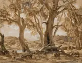 In The Wanaka Country, Flinders Ranges by Hans Heysen, 1933, charcoal, wash and chalk on paper on compressed card, sold Apr 2022