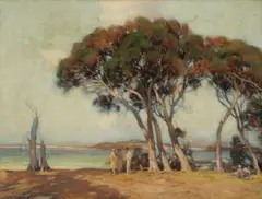 Coastal Scene With Inlet And Figures by Charles Wheeler, oil on canvas, sold Apr 2022