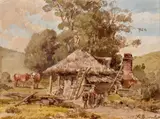 Figures Outside A Farmhouse by Louis Buvelot, watercolour on paper, sold Apr 2022