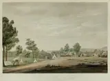 A View Of The Country And The Temporary Erections Near The Site by William Light, c.1838, etching and handcoloured aquatint engraved by Robert Havell published by Smith Elder & Co., London, sold Apr 2022