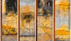 Pacific Xanthosis by Janet Laurence, 1989, Shellac, ink, collage and timber (4 panels), offered May 2022