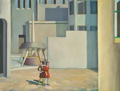 Two Girls In The City by David Keeling, 1990, oil on plywood, sold Aug 2022