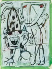 Boy And Cat by David Larwill, 1988, gouache on paper, sold Aug 2022