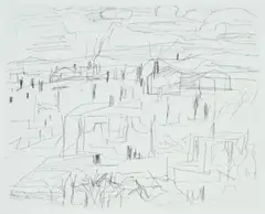 Smoke, Farmhouses & Running Dog by Ken Whisson, 1997, ink on paper, sold Aug 2022