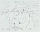 Smoke, Farmhouses & Running Dog by Ken Whisson, 1997, ink on paper, sold Aug 2022