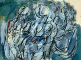 The Conversational Figures by Paul Haefliger, 1971, oil on paper, sold Aug 2022