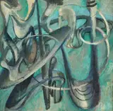 Space Movement I by Godfrey Miller, 1936, oil on canvas on composition board, offered Aug 2022