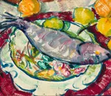 Fish On Plate by Peggy Crombie, 1940, oil on paper on compressed card, sold Aug 2022