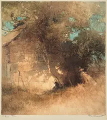 A Quiet Place by Thomas Balfour Garrett, 1938, monoprint on paper, sold Aug 2022