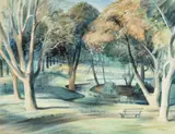Exhibition Gardens, Melbourne by Kenneth Jack, 1953, tempera on board, sold Aug 2022