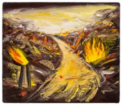Painting (Road In Fiery Landscape) by Peter Booth, 1984, oil on canvas, sold Oct 2022
