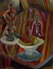 Still Life, Bottle And Fruit by Roy De Maistre, c.1955, oil on board, sold Oct 2022