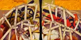 The Bridge by Leonard French, 1983, enamel on hessian on composition board, sold Oct 2022