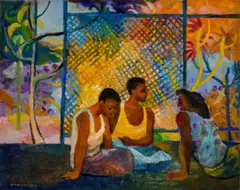 Conversation by Donald Friend, 1955, oil on canvas on board, sold Oct 2022