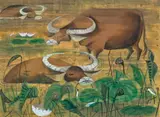 Water Buffaloes by Elaine Haxton, 1962, ink and gouache on newspaper, sold Oct 2022