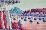 Near Mount Giles by Oscar Namatjira, watercolour on paper on compressed card, sold Oct 2022