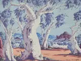 Ghost Gums Ellery Creek by Keith Namatjira, watercolour on paper, sold Oct 2022