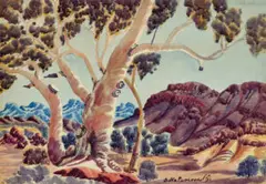 Totemic Gum, Mcdonnell Ranges, Central Australia by Otto Pareroultja, watercolour on paper on compressed card, sold Oct 2022