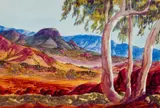 Ghost Gums, Central Australia by Edwin Pareroultja, watercolour on paper, sold Oct 2022