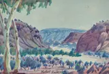 Central Australian Landscape by Herbert Raberaba, 1952, watercolour on paper on compressed card, sold Oct 2022