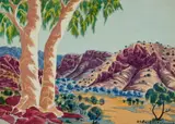 Landscape With Two Ghost Gums by Richard Moketarinja, watercolour on paper, offered Oct 2022
