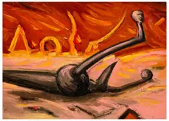 Untitled (Pink Orange Landscape With Symbols) by Peter Booth, 1984, oil on linen, sold Dec 2022