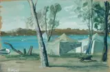 Campers at Lake Macquarie, Wangi Wangi, NSW by William Dobell, gouache on paper, sold Feb 2023