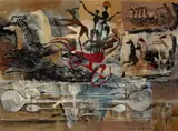 Riders in the chariot (Study for sculpture in sheet copper) by Donald Friend, c.1964, watercolour, ink and gouache on paper on composition board, sold Feb 2023