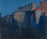 Figures in the street at night by Robert Dickerson, oil on composition board, sold Feb 2023