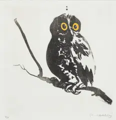 Startled (Owl) by Brett Whiteley, 1984, hand coloured sugarlift aquatint, printed in black ink on ivory wove paper, sold May 2023