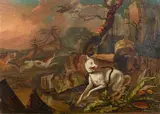 Un chien surpris par un serpent by Abraham Hondius, Panneau de chêne non parqueté Sans cadre, sold Nov 2025
