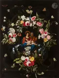 Guirlande de fleurs entourant la Vierge à l'Enfant avec sainte Anne by Sebastien Bonnecroy, Toile, sold Nov 2025