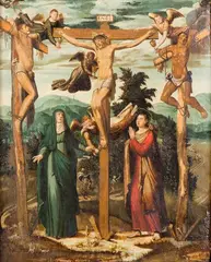 La Crucifixion by Hernando de Esturmio, 1555, Panneau de pin, sold Nov 2025