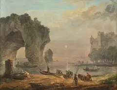 Vue d'un port avec une fontaine by Hubert Robert, Toile, sold Nov 2025
