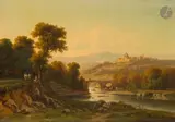 Paysage de rivière avec une ville au loin by Nicolas Victor Fonville, Toile d'origine (Meunier Bayet Lyon), sold Nov 2025