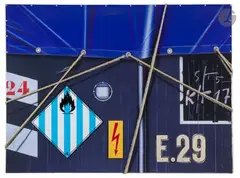Bâche bleue by Peter Klasen, 2010, Sérigraphie, toile lithographiée et cordage sur aluminium, sold Nov 2025
