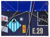 Bâche bleue by Peter Klasen, 2010, Sérigraphie, toile lithographiée et cordage sur aluminium, sold Nov 2025