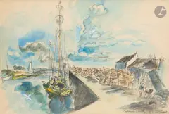 Quai à Saint-Vaast by Hermine David, Aquarelle et gouache sur traits de crayon noir et estompe, sold Nov 2025