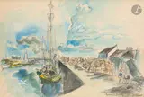 Quai à Saint-Vaast by Hermine David, Aquarelle et gouache sur traits de crayon noir et estompe, sold Nov 2025
