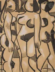 Les Trois Grâces by Louis Latapie, Encre et gouache sur papier monté sur toile, sold Nov 2025