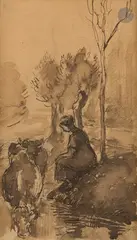 Vachère au bord de l’eau - Étude pour l’eau-forte by Camille Pissarro, 1890, Plume et encre brune sur traits de crayon noir, sold Nov 2025