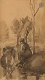 Vachère au bord de l’eau - Étude pour l’eau-forte by Camille Pissarro, 1890, Plume et encre brune sur traits de crayon noir, sold Nov 2025