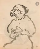 Bérénice à sa lecture - Visage de trois-quarts by Louis Valtat, vers 1897, Lavis d’encre recto-verso, touche de gouache rose, sold Nov 2025