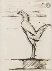 Poulet sur un piédestal by François Pompon, Encre sur traits de crayon, sold Nov 2025